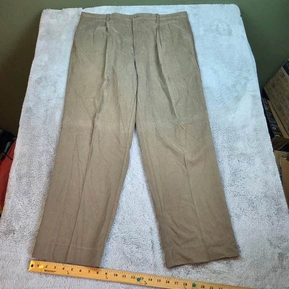 Tommy Bahama Silk Pleated Dress Pants Mens 38x30 Wide Leg Tropical Khaki Tan