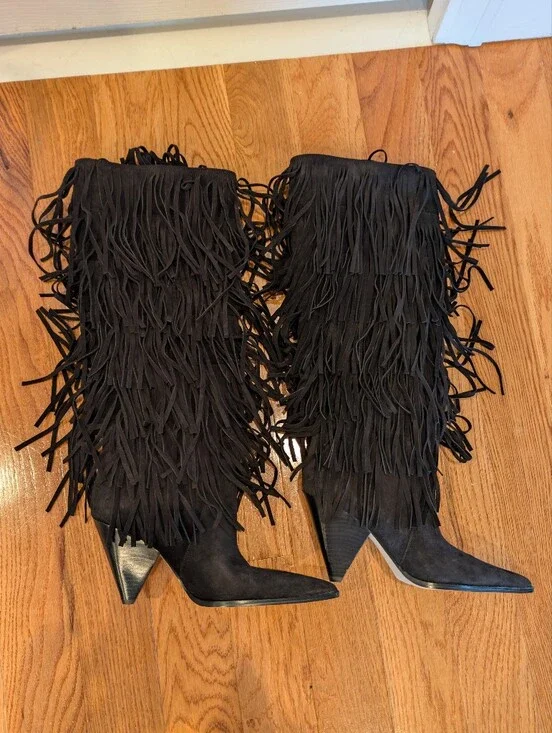 NIB Michael Kors Jayla Fringed Suede Tall Boots Black 8M Pointed Toe Cone Heel