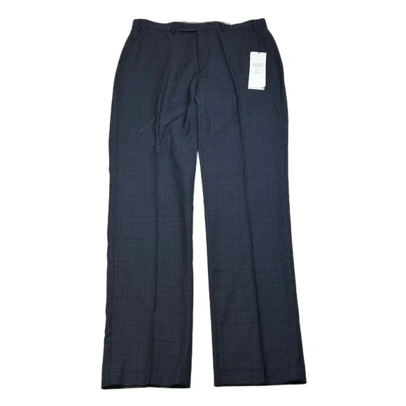 Calvin Klein Slim Fit Dress Pants‎ Mens 36x34 Navy Blue Plaid Stretch Wool NEW