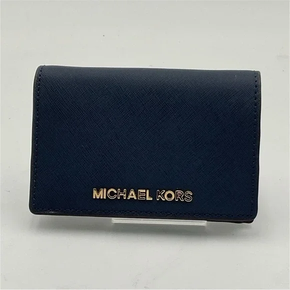 Michael Kors Navy Bifold Wallet w/ Zip Coin Pocket, ID Window & Logo Accents