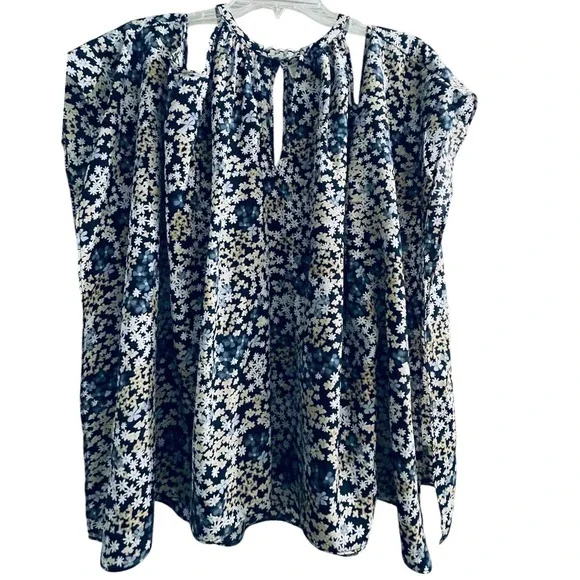 Michael Kors Floral Cold Shoulder Chain Halter Neck Blouse Navy Blue Cream L