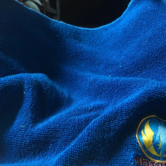 Blue Plush Towel with Yellow & Gold Logo Accent