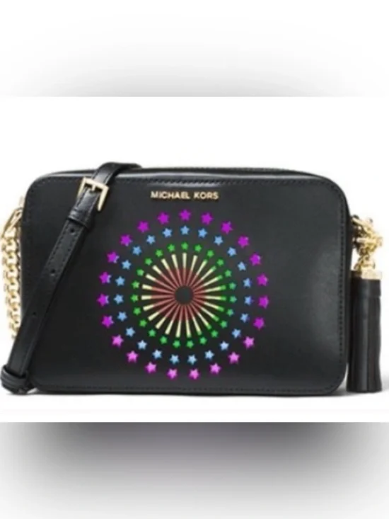 Michael Kors Black Leather Crossbody with Multicolor Starburst Motif