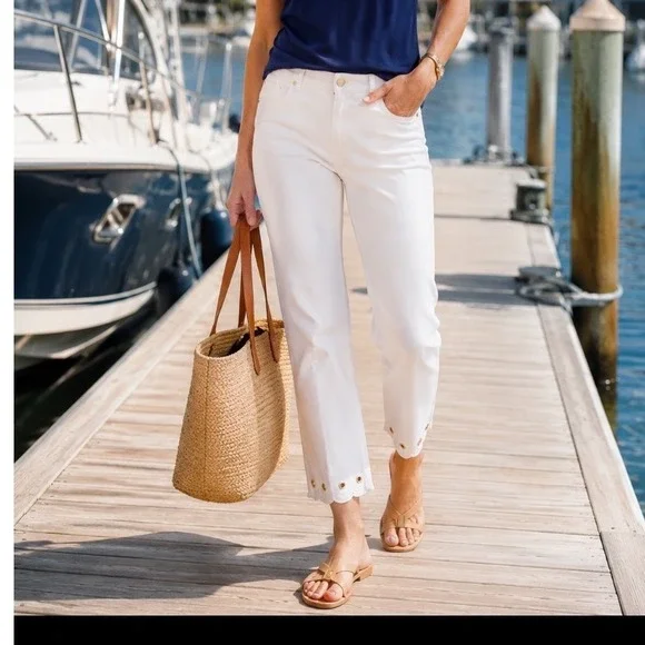 Michael Kors sz 14 White Scalloped Grommet Hem Cropped Straight Leg Jeans