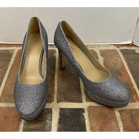 Michael Kors Silver Glitter Chantal Platform Pumps High Heel Shoes Women's 8.5