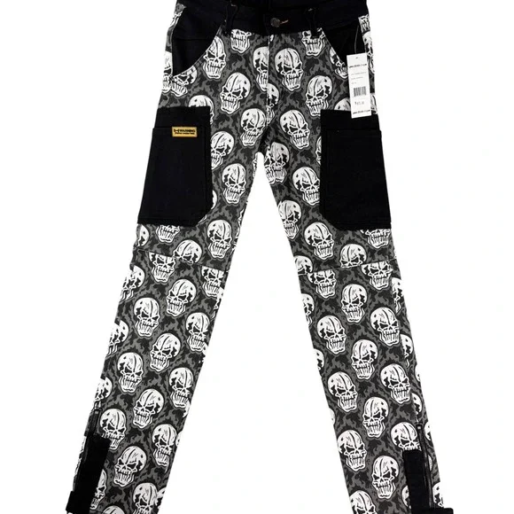 Brand X Cargo Pants Mens 28 Gun Metal Grim Reaper Skull Print Cotton Stretch