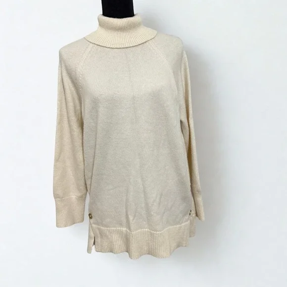 MICHAEL KORS Womens‎ Cream Turtleneck Sweater Gold Button Side Detail Size L