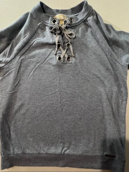 Michael Kors womens lace-up sweatshirt crew neck raglan sleeves Metallic lace XS