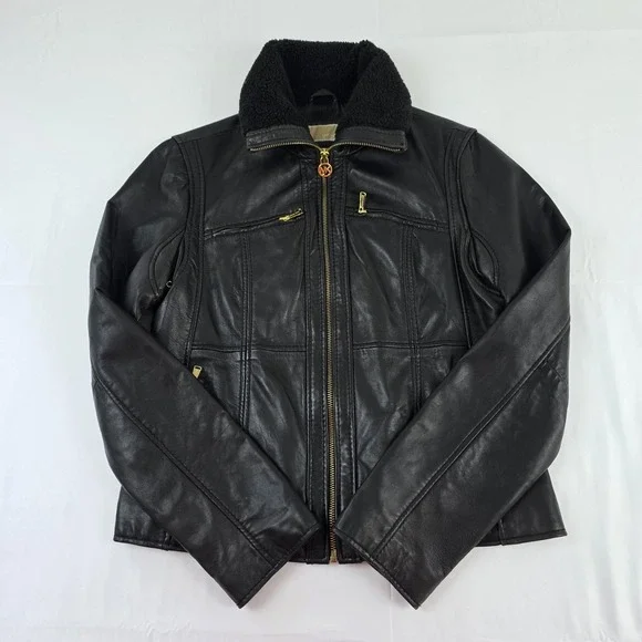 Michael Kors Jacket Womens XL Black Leather Moto Full Zip Sherpa Collar Lined