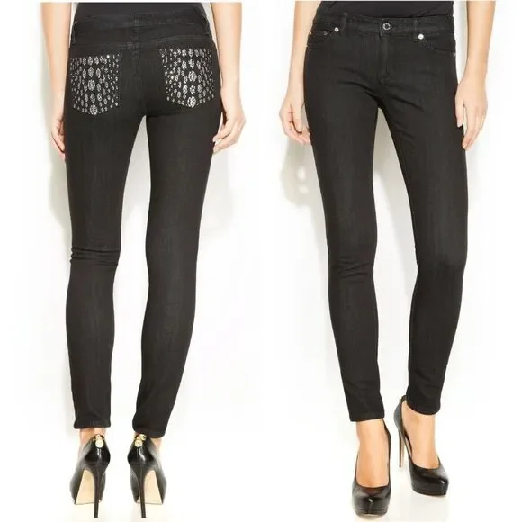 New! MICHAEL KORS Rhinestone Studded Pocket Black Skinny Jeans Slim 6 Low Rise
