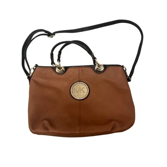 Michael Kors Cognac Leather Satchel with Chocolate Brown Handles and Gold Logo