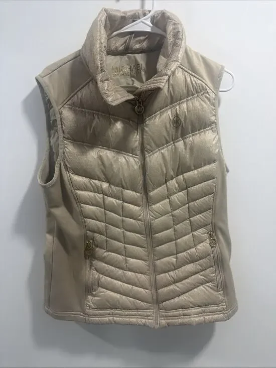 Michael Kors Beige Quilted Logo Puffer Vest Full Zip Pockets Women's M