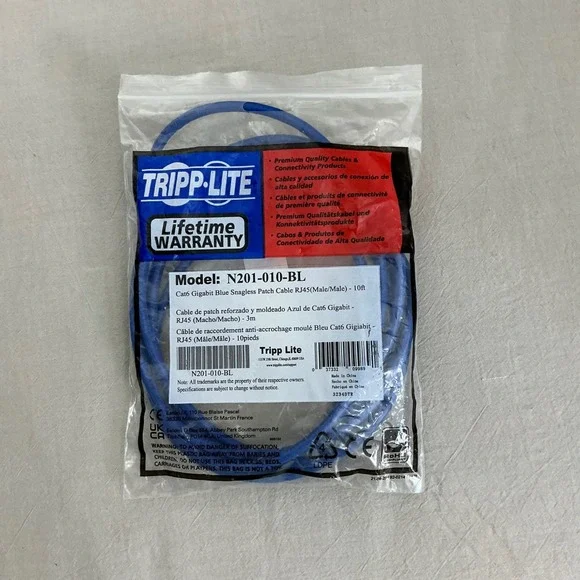 Tripp Lite N201-010-BL Cat6 Gigabit Blue Snagless Patch Cable RJ45‎ 10ft 3m