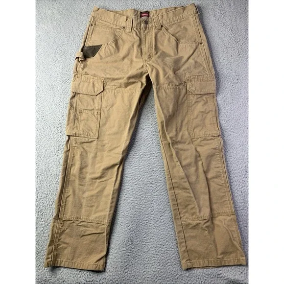 Wrangler Work Cargo Duck Canvas Pants Men's 34x30 Khaki Utility Double Knee