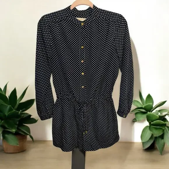 Michael Kors Women Navy Blue White Polka Dot Tunic Top Gold Buttons Size PS