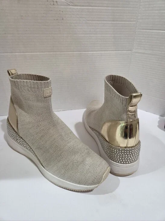 Michael Kors Cream Knit Slip-On Sneaker Boot with Gold Heel Size 8.