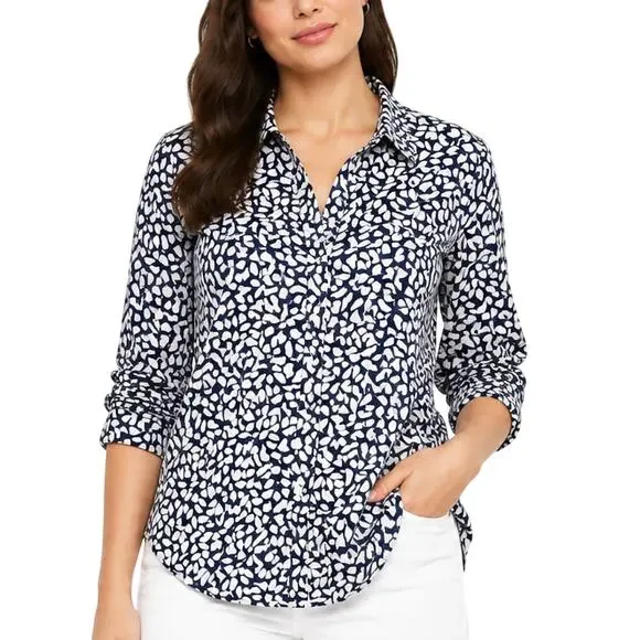 Michael Kors Button Front Blouse Size S Navy White Print Cotton