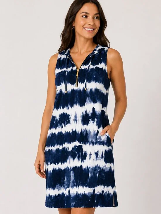 Michael Kors Blue White Tie Dye Dress XS Sleeveless Half Zip Resort Cruise Cover