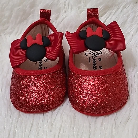 DISNEY Minnie Mouse Bow Red‎ Glitter Infant Crib Shoes - Size 3-6M