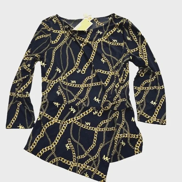Michael Kors Black and Gold Chain Print Blouse New Plus 3x