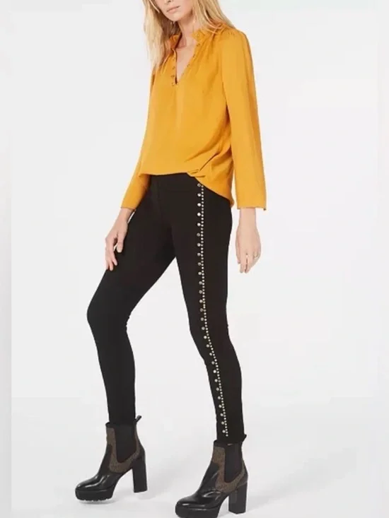 MICHAEL KORS Black Gold Studded Leggings XS Pull On Skinny Stretch Pants