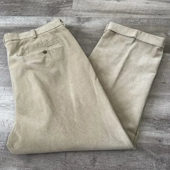 Brooks Brothers 346 Pants Mens 42x30 Tan Wide Wale Corduroy Pleated Cuffed