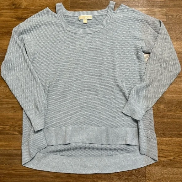 Michael Kors gray silver sparkle peek a boo shoulder split hem sweater XL EUC