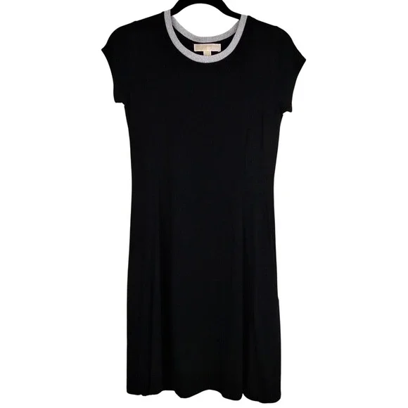 Michael Kors Jersey Knit Dress Womens S Black Silver‎ Metallic Neck Casual LBD
