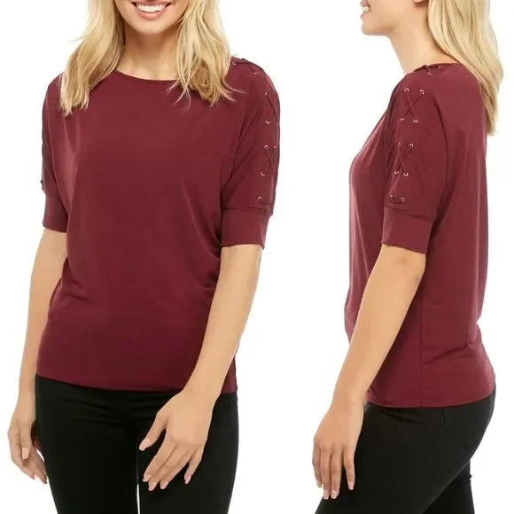 New! MICHAEL KORS Women's Dolman Lace-up Grommet Sleeve Top Blouse Red Size XL