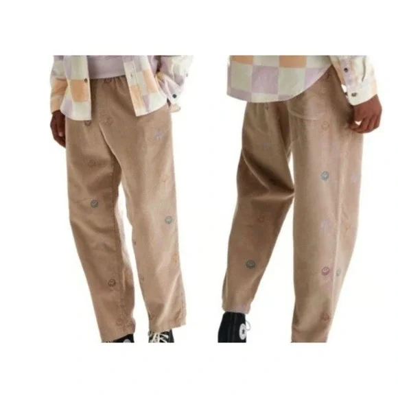 Urban Outfitters Smiley Face Embroidered Corduroy Pants Tan Small Unisex