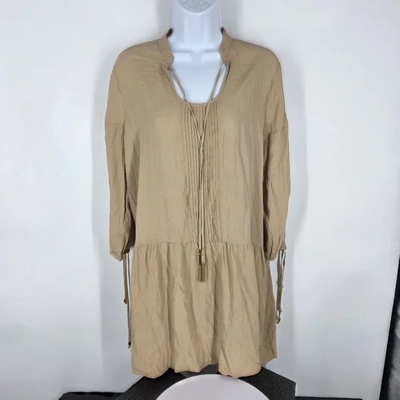 Michael Kors Women 6 Light brown Beige Drop Waist Dress Tassel Shift Pintuck