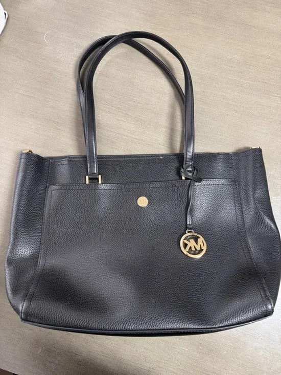 Michael Kors Black Leather Tote with Gold MK Charm