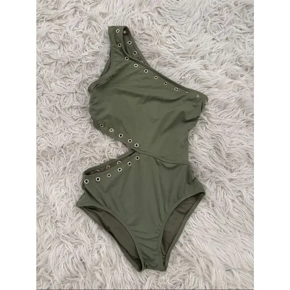 Michael Kors sz 10, Olive Green One-Shoulder Cutout Swimsuit with Gold Eyelets