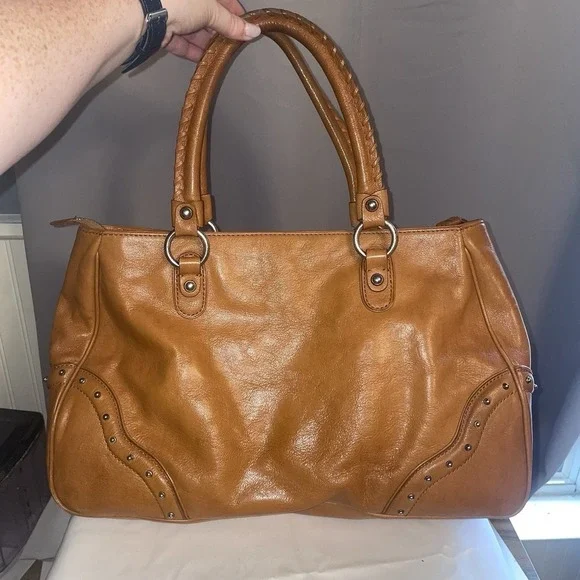Michael Michael Kors Women's Brown Tan Leather Studded Work Bag Purse Handbag