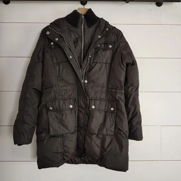Michael Kors Women’s Black Hooded Puffer Coat Quilted Zip Snap Jacket Size Small