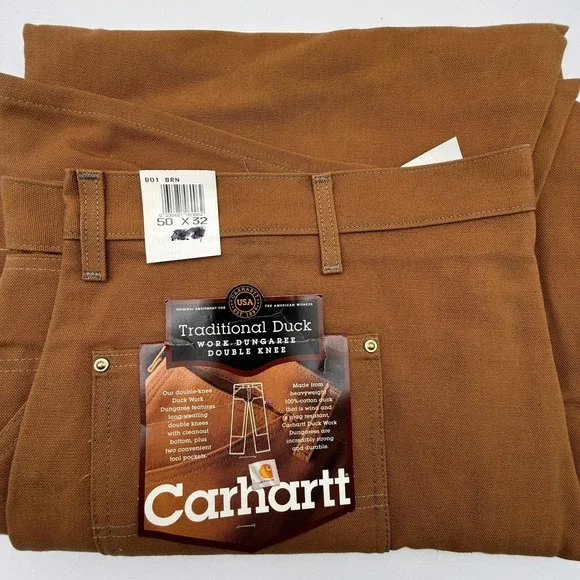 Carhartt B01 BRN Double Front Work Dungaree Brown Duck Pants 50x32 USA NWT NOS