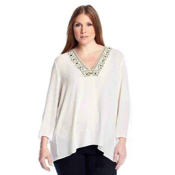 New! MICHAEL KORS Women's Plus Size Embellished Top Blouse V-neck Lightweight