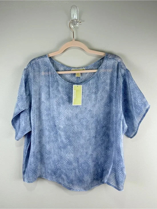 Michael Kors Petite Medium Blue Floral Print Blouse Short Sleeve Casual Top NWT