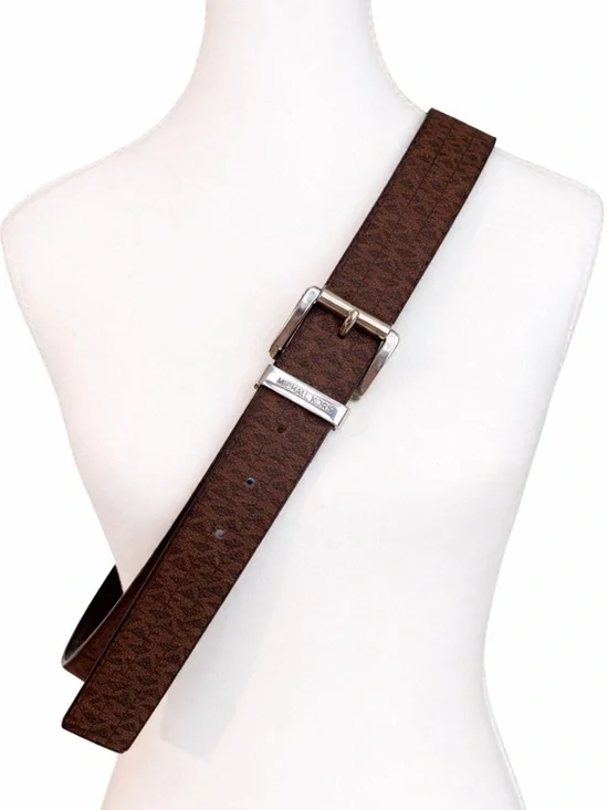 Michael Kors Reversible MK Monogram Belt Black Brown Silver Buckle XL NWT