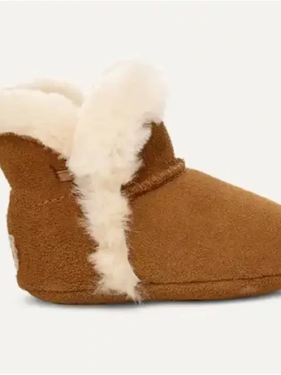 UGG Baby/Toddler Tan Suede Booties with Cream Shearling Trim