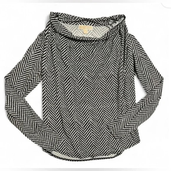 MICHAEL KORS SIZE M Black and White Herringbone Long Sleeve Top