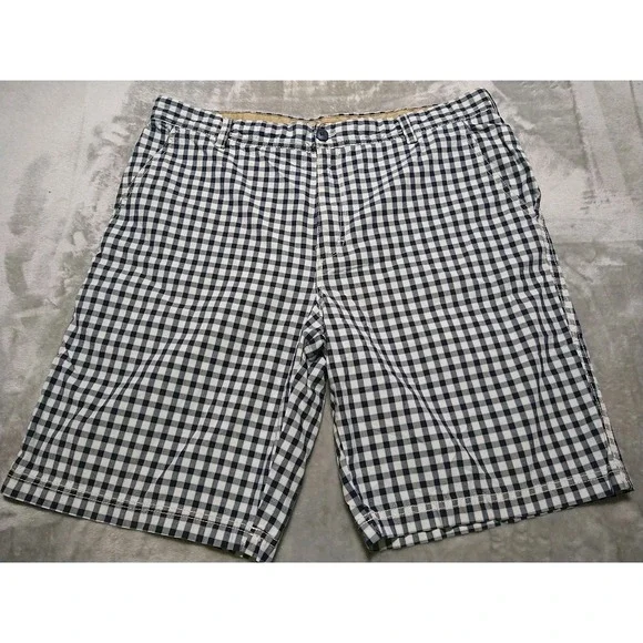 IZOD Chino Shorts Men 38/10 Navy Gingham Preppy College Lightweight Classic