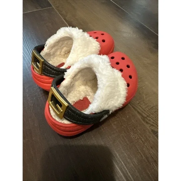 Crocs Toddler Classic Santa Belt‎ Fur Lined Clog Red / White Size Child 5C