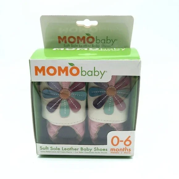 Momo Baby Girls Shoes Soft Sole Leather Floral Slip On Pink White 0-6 Months