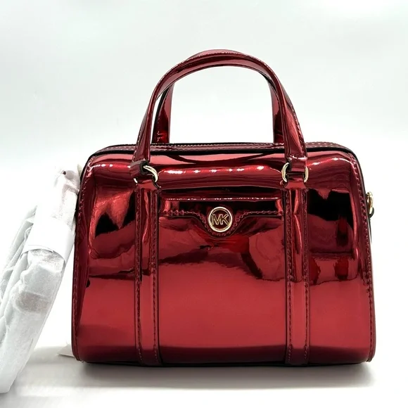 Michael Kors Jet Set Small Patent Duffel Crossbody Bag Cherry