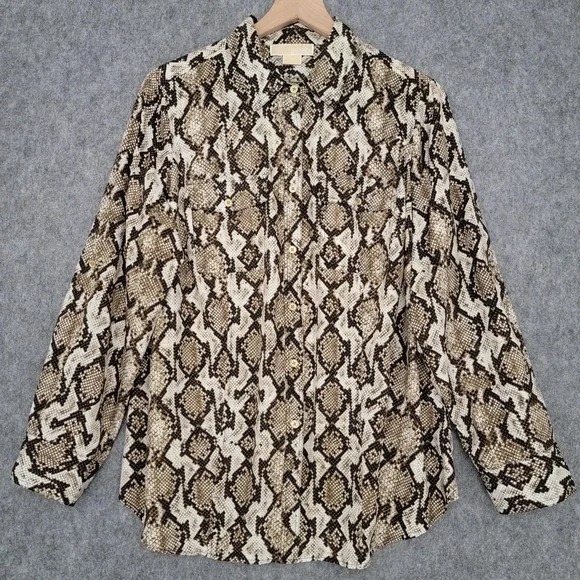 Michael Michael Kors Shirt Womens 1X Brown Black‎ Snake Print Button Front Plus