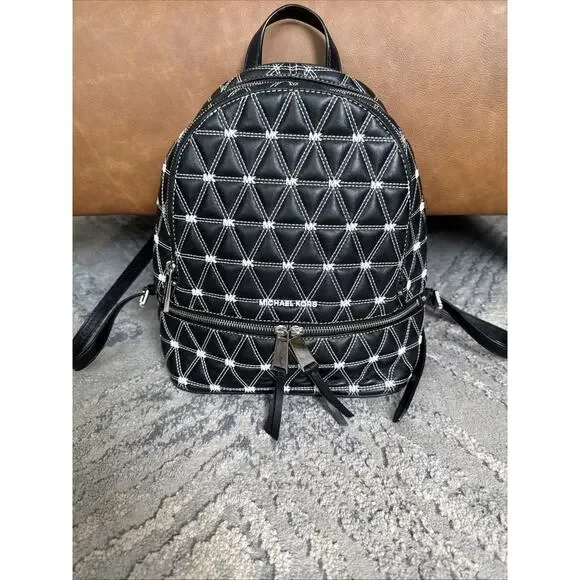 Michael Kors Rhea Quilted Leather Medium Backpack Black And White