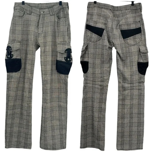 Vintage Japanese Tete Homme Plaid Cargo Pants Wool Blend Gray Black | 30