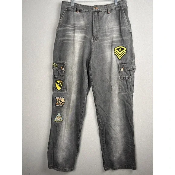 Raw Blue Jeans Mens W34 L34 Gray Cargo Pants Patchwork Badge Streetwear Y2K