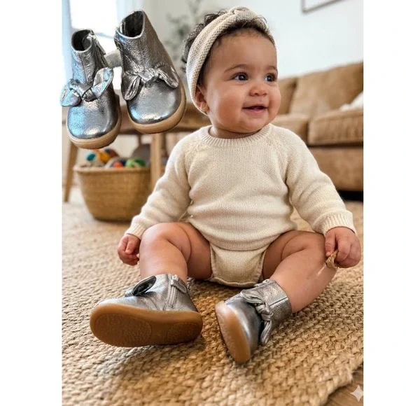 Camper Peu Cami Baby Boots Metallic Silver Leather Bow Zip EU 21 US 5.5 Toddler